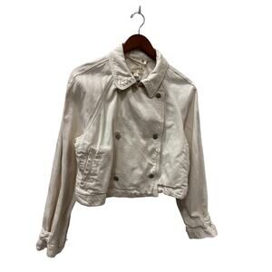 Cropped Denim Trench Jacket Cream Double Breasted Raglan Sleeve Women's M